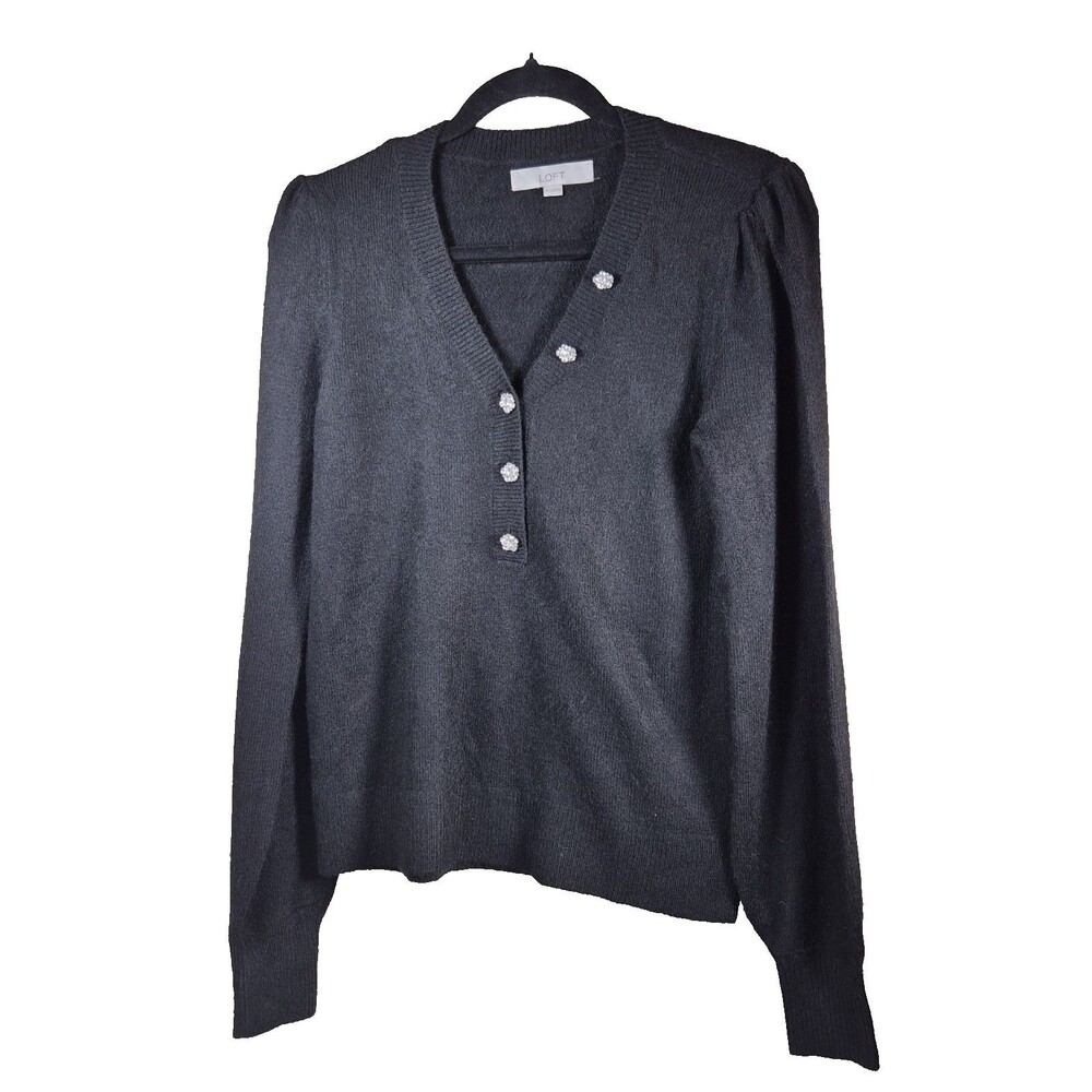 LOFT Black Knit V-Neck Cardigan Sweater Rhinestone Buttons Womens Size Small S